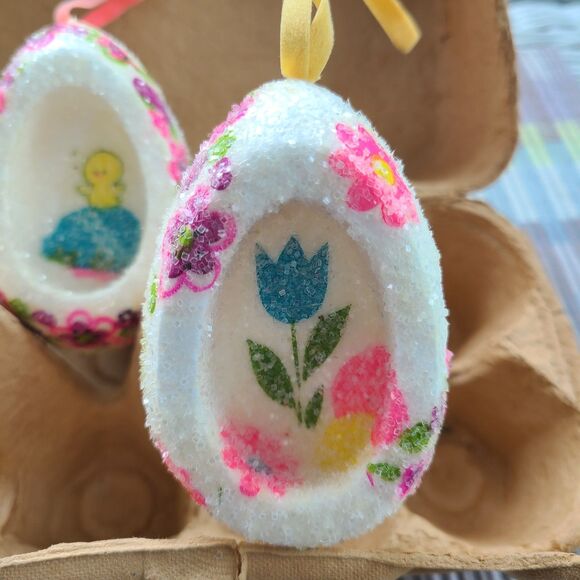 Vintage Large Sugared Glitter Foam Mod Eggs Floral Easter Decoupage Handmade - Picture 3 of 9